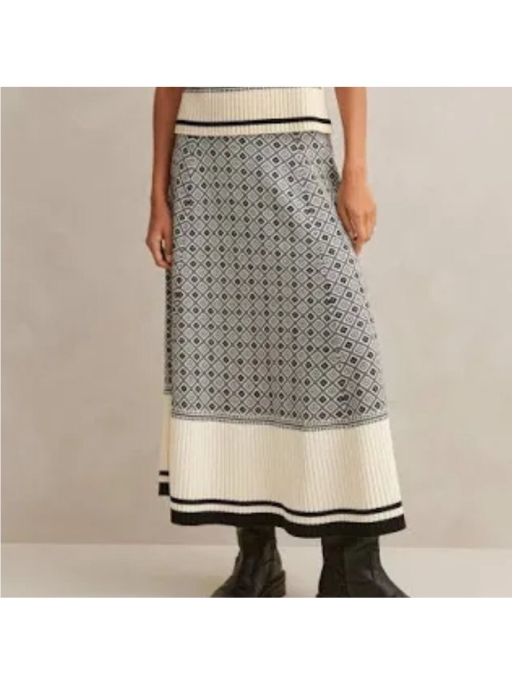 ME+EM  Merino Wool Jacquard A Line Skirt Black Cream Geo Pull On Medium